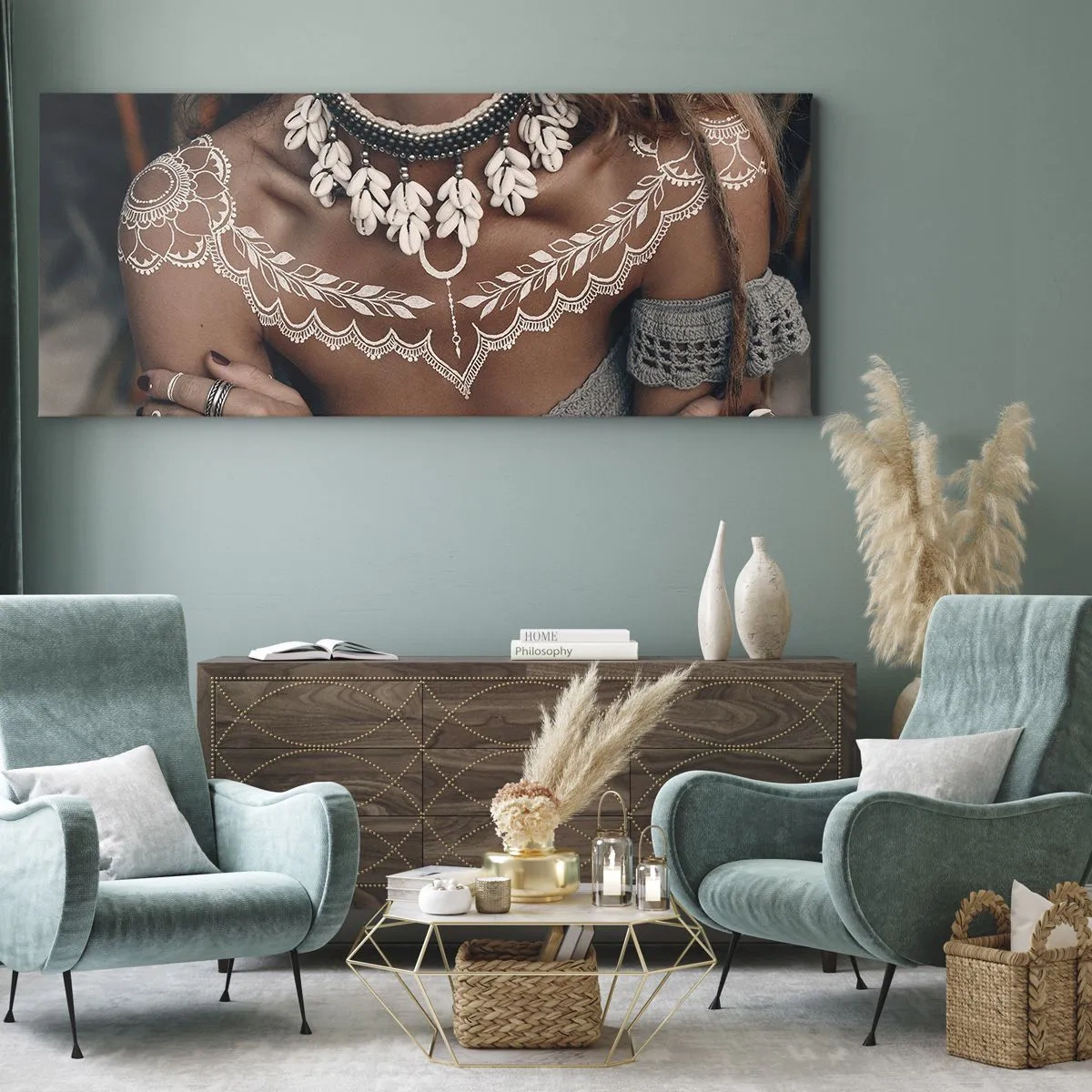 Quadro su tela - Stampe su Tela - Stile boho con gioielli di conchiglie e motivo in pizzo - 120x50cm - Talismani, rituali di femminilità - Decorazione murale moderna per soggiorno e camera da letto ARTTOR