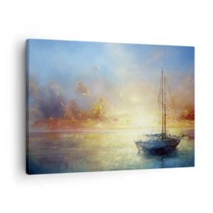 Quadro su tela - Stampe su Tela - Uno yacht su un mare calmo al tramonto - 70x50cm - Nella baia dorata - Decorazione murale moderna per soggiorno e camera da letto ARTTOR