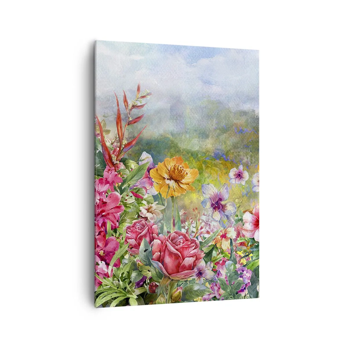 Quadro su tela - Stampe su Tela - Una composizione colorata di fiori su uno sfondo paesaggistico color pastello - 70x100cm - Il giardino impazzito - Decorazione murale moderna per soggiorno e camera da letto ARTTOR