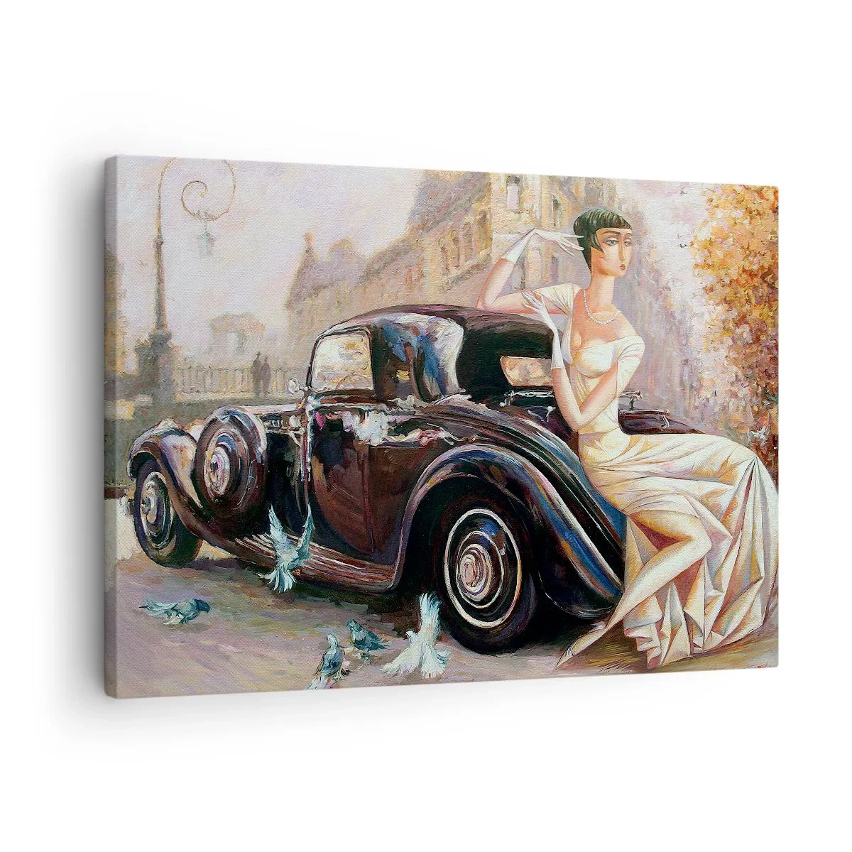 Quadro su tela - Stampe su Tela - Donna retrò accanto a un'auto d'epoca - 70x50cm - Eleganza in stile retro - Decorazione murale moderna per soggiorno e camera da letto ARTTOR