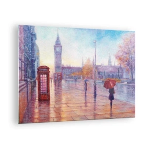 Quadro su vetro - Scena di Londra sotto la pioggia con il Big Ben e la scatola rossa - 70x50cm - Giorno d'autunno a Londra - Decorazione murale moderna per soggiorno e camera da letto ARTTOR
