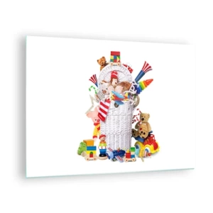 Quadro su vetro - Un cesto pieno di giocattoli colorati su uno sfondo bianco - 70x50cm - I tesori del bambini - Decorazione murale moderna per soggiorno e camera da letto ARTTOR