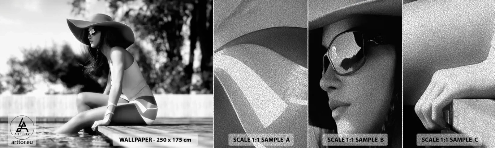 Campione di Fotomurale Premium Sand - Sogno estivo - Donna, Cappello, Piscina - 100x30 cm