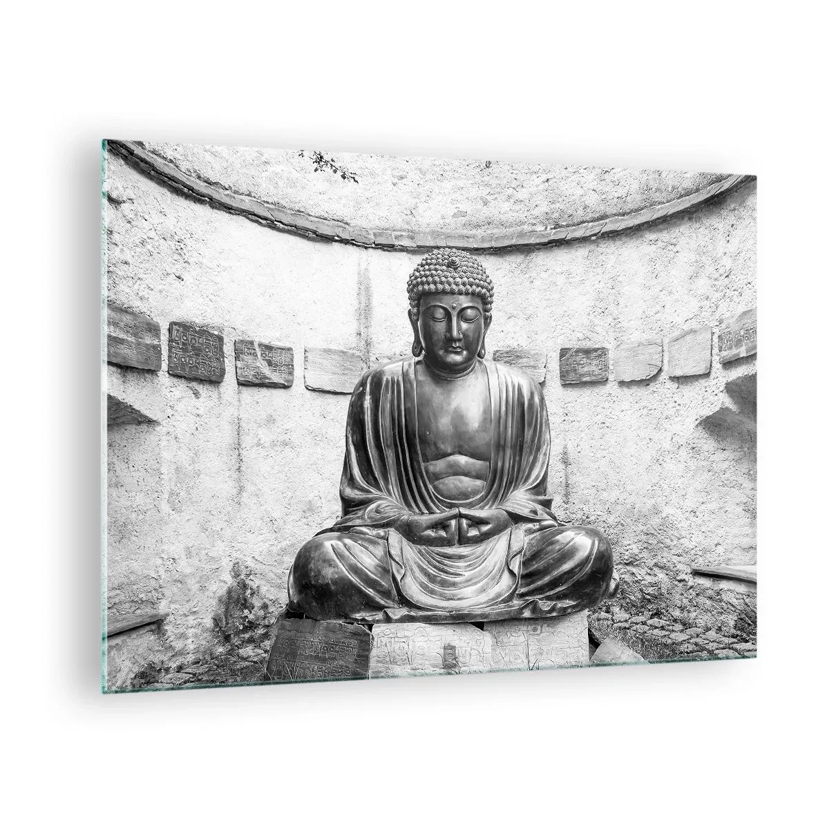 Quadro su vetro - Statua in bianco e nero del Buddha in posa meditativa - 70x50cm - Alla fonte della pace - Decorazione murale moderna per soggiorno e camera da letto ARTTOR