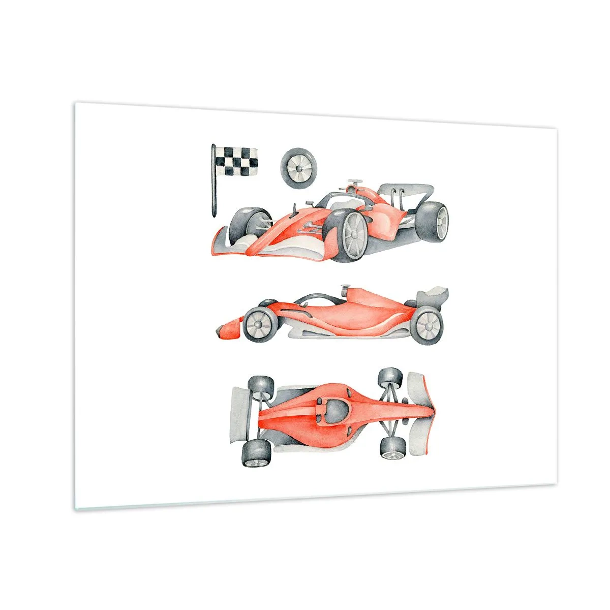Quadro su vetro - Illustrazione a tre scatti di un'auto da corsa rossa con una bandiera da corsa - 70x50cm - Inseguendo i sogni - Decorazione murale moderna per soggiorno e camera da letto ARTTOR
