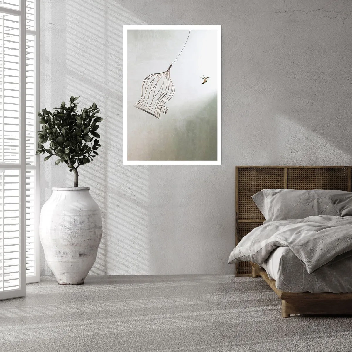 Poster - Un uccello che esce dalla gabbia in stile minimalista. - 50x70cm - Nel proprio elemento - Decorazione murale moderna per soggiorno e camera da letto ARTTOR