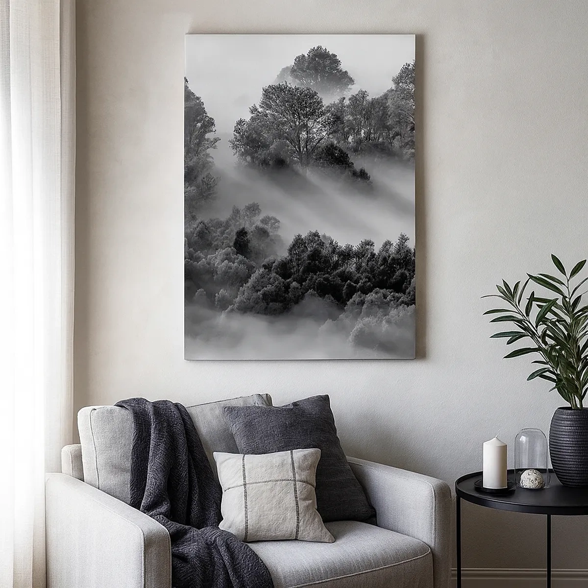 Quadro su tela - Stampe su Tela - Paesaggio forestale in bianco e nero nella nebbia mattutina - 50x70cm - Risveglio dal sonno - Decorazione murale moderna per soggiorno e camera da letto ARTTOR