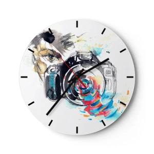 Orologio da parete - Orologio in Vetro - Motivo artistico della macchina fotografica con effetto visivo colorato - 30x30cm - Nell'occhio dell'obiettivo - Decorazione murale moderna per soggiorno, cucina e camera da letto ARTTOR