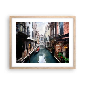 Poster in cornice rovere chiaro - Paesaggio veneziano con gondola e ponte - 50x40 cm
