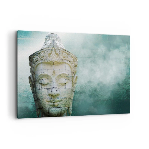 Quadro su tela - Stampe su Tela - Statua del Buddha con una leggera nebbia su uno sfondo verde - 120x80cm - Cercando la luce - Decorazione murale moderna per soggiorno e camera da letto ARTTOR