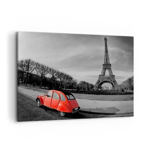 Quadro su tela - Stampe su Tela - Un'auto rossa con la Torre Eiffel sullo sfondo in un paesaggio in bianco e nero - 120x80cm - Più parigine di Parigi - Decorazione murale moderna per soggiorno e camera da letto ARTTOR