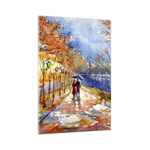 Quadro su vetro - Una passeggiata autunnale nel parco sulla riva del fiume sotto l'ombrellone - 80x120cm - Insieme fino ai confini del tempo - Decorazione murale moderna per soggiorno e camera da letto ARTTOR