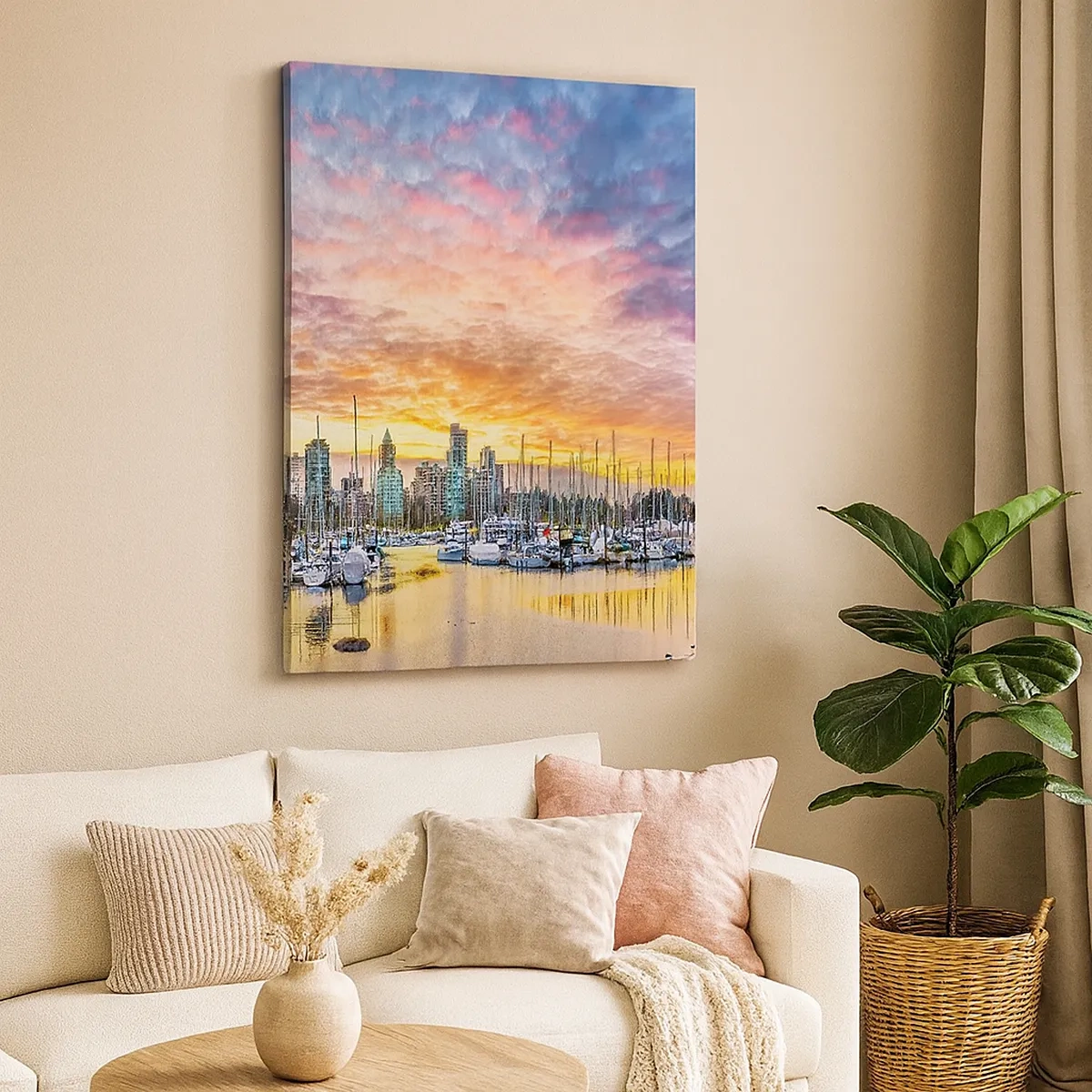 Quadro su tela - Stampe su Tela - Marina con yacht e paesaggio urbano al tramonto - 50x70cm - La città dei mille marinai - Decorazione murale moderna per soggiorno e camera da letto ARTTOR
