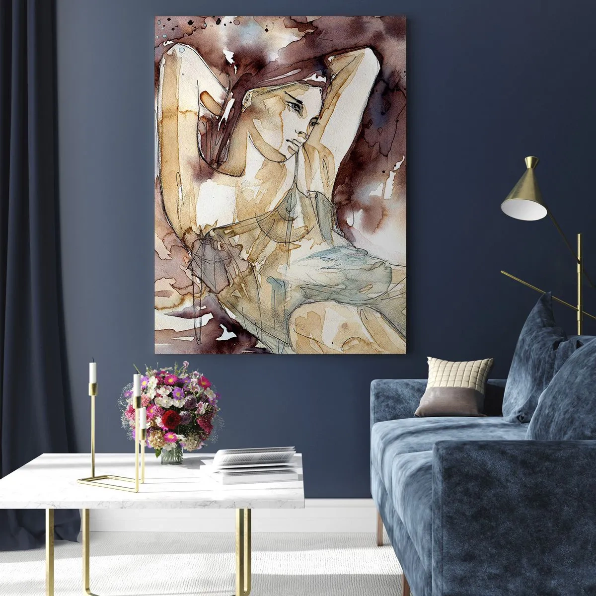 Quadro su vetro - Donna in stile acquerello artistico con sfondo marrone - 80x120cm - Di umore lilla - Decorazione murale moderna per soggiorno e camera da letto ARTTOR