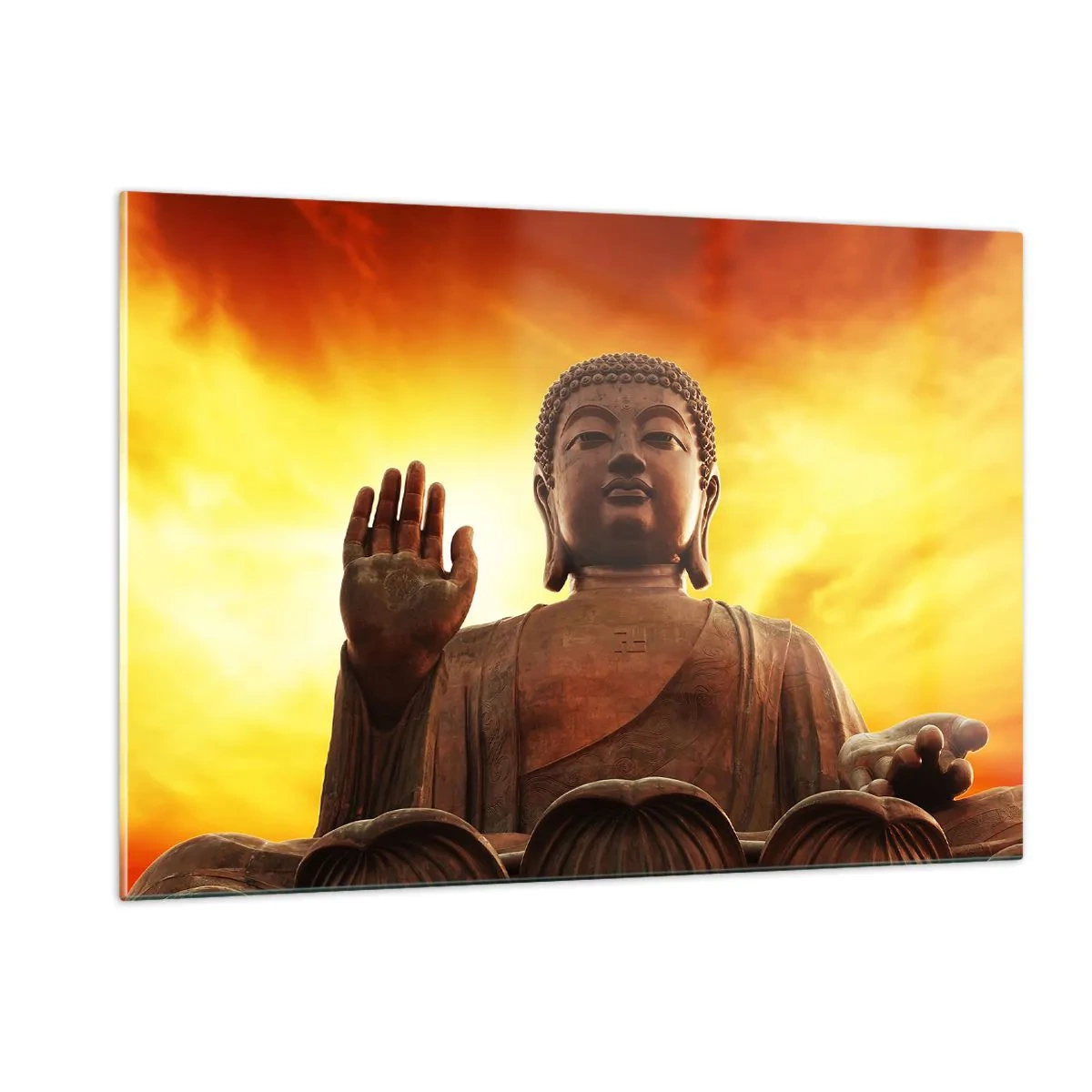 Quadro su vetro - Una statua del Buddha sullo sfondo di un tramonto dorato - 120x80cm - La pace del mondo - Decorazione murale moderna per soggiorno e camera da letto ARTTOR