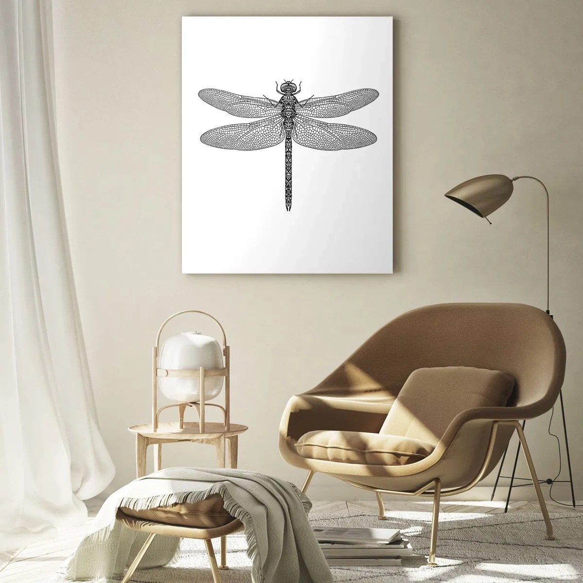 Quadro su vetro - Disegno in bianco e nero di una libellula su sfondo bianco in stile minimalista - 80x120cm - La precisione della natura - Decorazione murale moderna per soggiorno e camera da letto ARTTOR