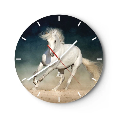 Orologio da parete - Orologio in Vetro - Un cavallo bianco che galoppa sulla sabbia contro un cielo scuro. - 30x30cm - Libertà allo stato puro - Decorazione murale moderna per soggiorno, cucina e camera da letto ARTTOR