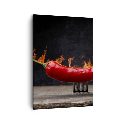 Quadro su tela - Stampe su Tela - Peperone rosso fiammeggiante su una forchetta - 50x70cm - Stuzzichino infuocato - Decorazione murale moderna per soggiorno e camera da letto ARTTOR