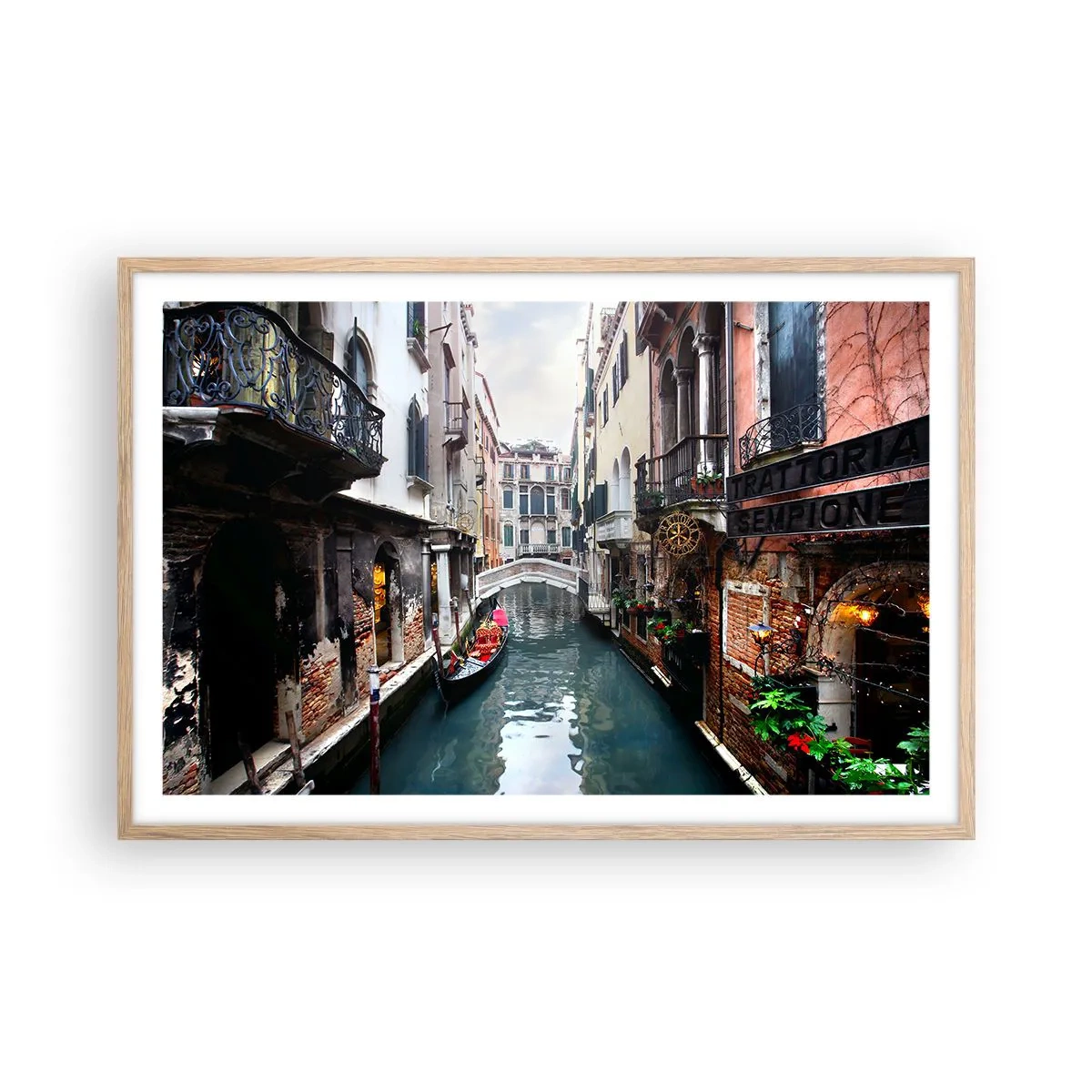 Poster in cornice rovere chiaro - Paesaggio veneziano con gondola e ponte - 91x61 cm