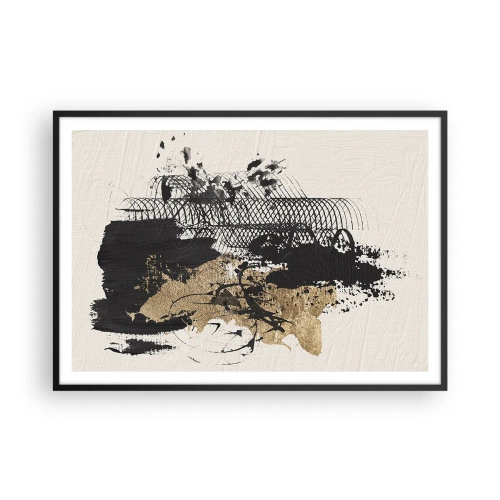 Poster in cornice nera - Un dipinto astratto in nero e oro con linee e strutture dinamiche. - 100x70cm - Composizione con passione - Decorazione murale moderna per soggiorno e camera da letto ARTTOR