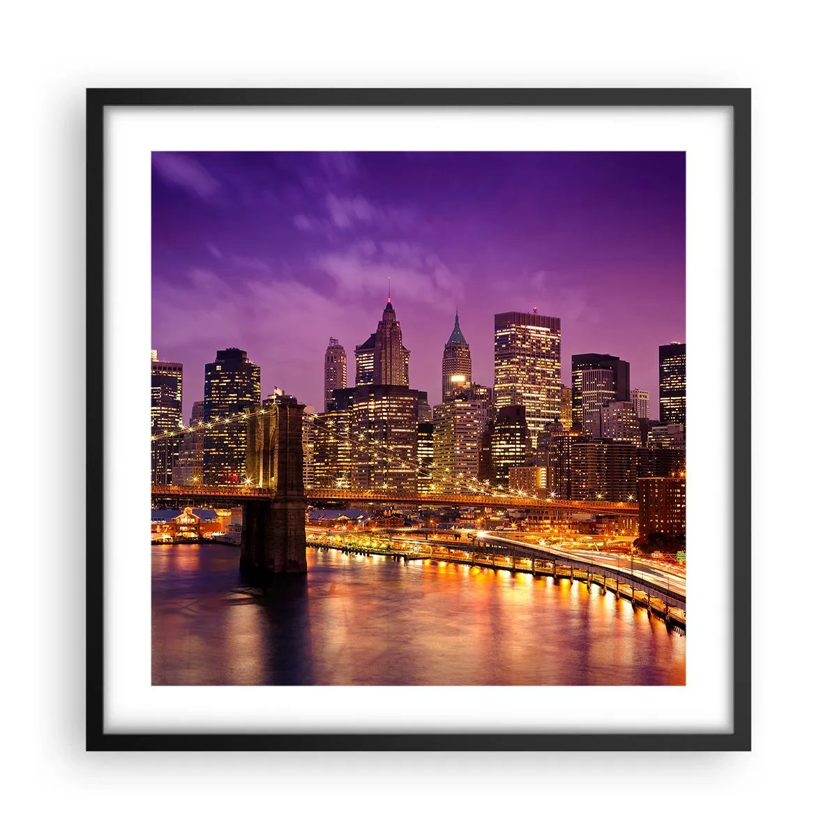 Poster in cornice nera - Manhattan in viola e oro - 50x50 cm
