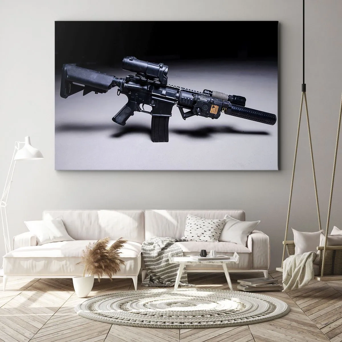 Quadro su tela - Stampe su Tela - Un fucile moderno in nero su sfondo scuro - 100x70cm - l cavaliere oscuro - Decorazione murale moderna per soggiorno e camera da letto ARTTOR