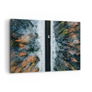 Quadro su tela - Stampe su Tela - Una strada attraverso una foresta invernale vista da una prospettiva a volo d'uccello - 120x80cm - Tagliando la foresta invernale - Decorazione murale moderna per soggiorno e camera da letto ARTTOR