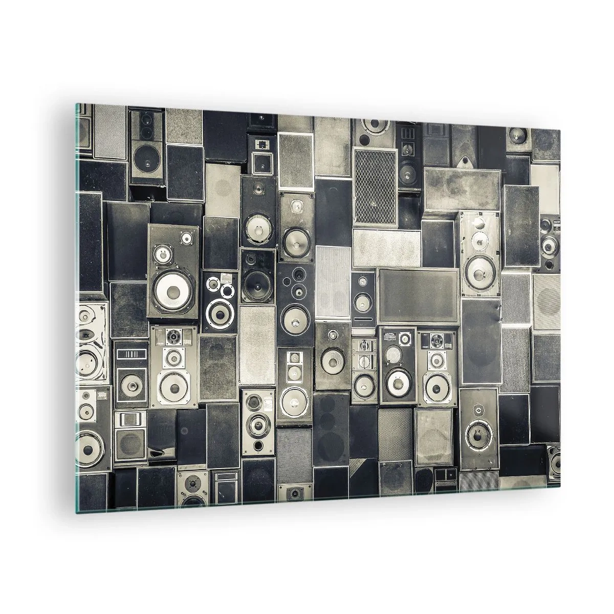 Quadro su vetro - Una composizione di altoparlanti retrò in tonalità di grigio - 70x50cm - Armonia di suoni - Decorazione murale moderna per soggiorno e camera da letto ARTTOR