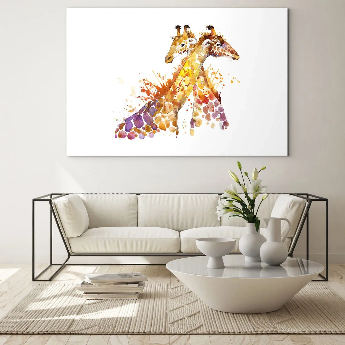 Quadro su vetro - Giraffe artistiche in stile acquerello su sfondo bianco - 100x70cm - È amicizia o amore? - Decorazione murale moderna per soggiorno e camera da letto ARTTOR