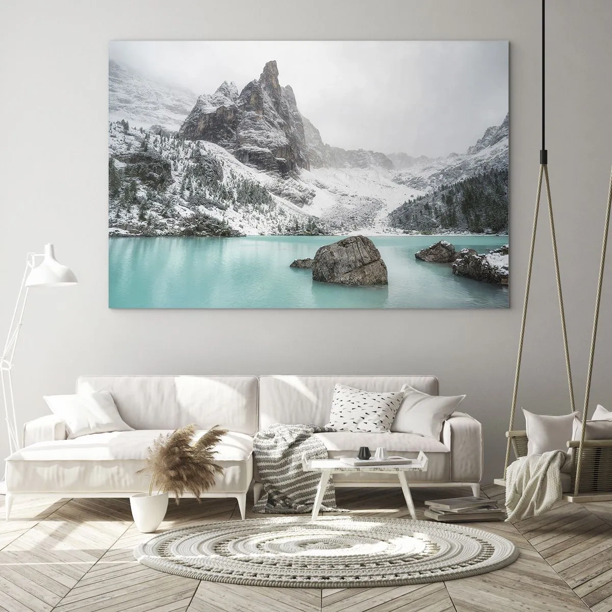 Quadro su vetro - Paesaggio invernale con lago turchese - 70x50cm - Di guardia - Decorazione murale moderna per soggiorno e camera da letto ARTTOR