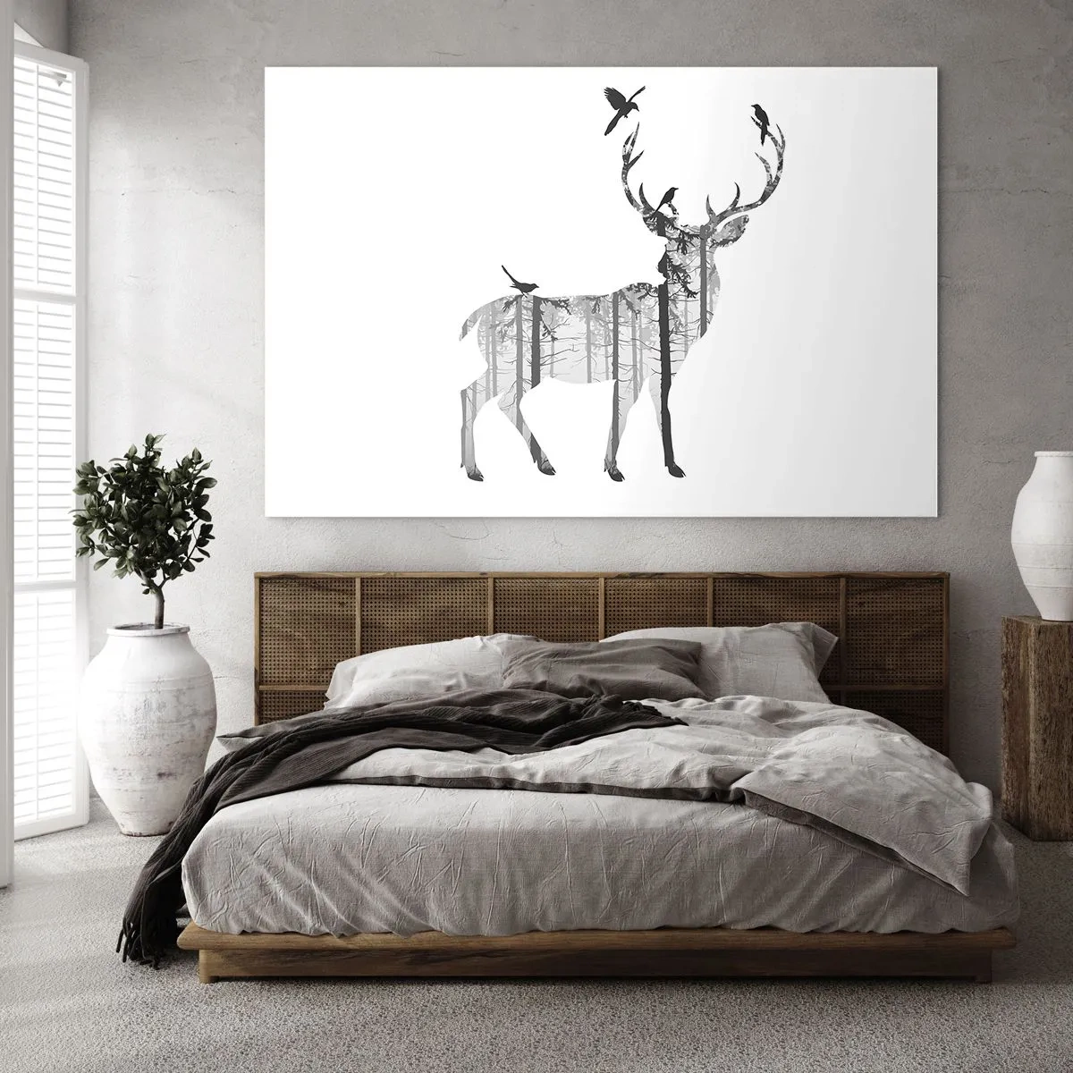 Quadro su vetro - Silhouette grafica di un cervo con motivo forestale e uccelli - 100x70cm - Lo spirito buono del bosco - Decorazione murale moderna per soggiorno e camera da letto ARTTOR