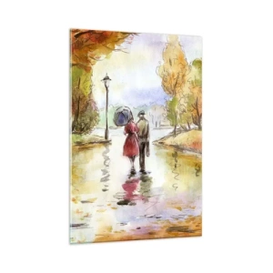 Quadro su vetro - Una passeggiata nel parco autunnale con l'ombrello - 80x120cm - Autunno romantico nel parco - Decorazione murale moderna per soggiorno e camera da letto ARTTOR