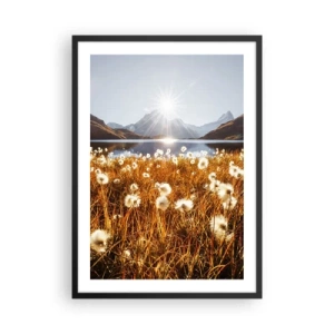 Poster in cornice nera - Un prato con fiori bianchi sullo sfondo di un lago e montagne al tramonto - 50x70cm - Durezza delle pietre, morbidezza dell'erba - Decorazione murale moderna per soggiorno e camera da letto ARTTOR
