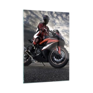 Quadro su vetro - Un motociclista su una pista da corsa sotto un cielo tempestoso - 50x70cm - Il cavaliere oscuro - Decorazione murale moderna per soggiorno e camera da letto ARTTOR