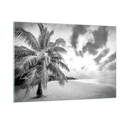 Quadro su vetro - Una palma bianca e nera su una spiaggia deserta con un cielo nuvoloso. - 120x80cm - Quando hai nostalgia della solitudine... - Decorazione murale moderna per soggiorno e camera da letto ARTTOR