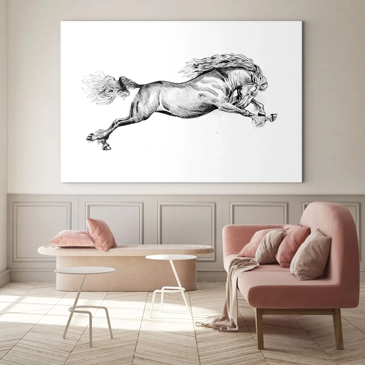 Quadro su vetro - Disegno in bianco e nero di un cavallo al galoppo - 70x50cm - Fermo al galoppo - Decorazione murale moderna per soggiorno e camera da letto ARTTOR
