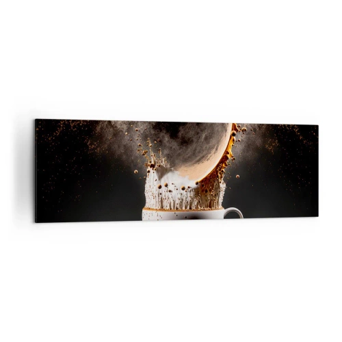 Quadro su tela - Stampe su Tela - Una tazza di caffè con un'esplosione dinamica di liquido su uno sfondo nero. - 160x50cm - Esplosione di sapore - Decorazione murale moderna per soggiorno e camera da letto ARTTOR