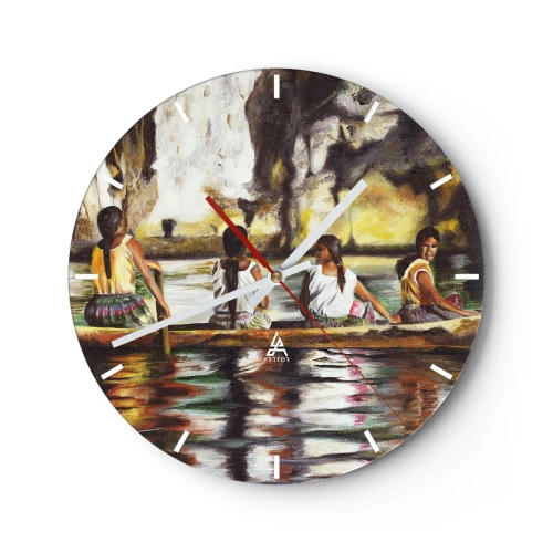 Orologio da parete - Orologio in Vetro - Donne su una barca in un paesaggio tropicale con acqua e rocce - 30x30cm - Nel paradiso della Polinesia - Decorazione murale moderna per soggiorno, cucina e camera da letto ARTTOR