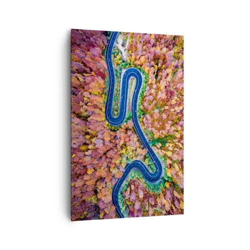 Quadro su tela - Stampe su Tela - Una strada tortuosa in una foresta autunnale vista a volo d'uccello - 80x120cm - Via tortuosa attraverso il bosco - Decorazione murale moderna per soggiorno e camera da letto ARTTOR
