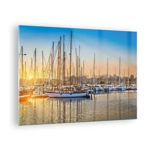 Quadro su vetro - Un porto turistico pieno di barche a vela alla luce del sole al tramonto - 70x50cm - Anche il vento va a dormire - Decorazione murale moderna per soggiorno e camera da letto ARTTOR