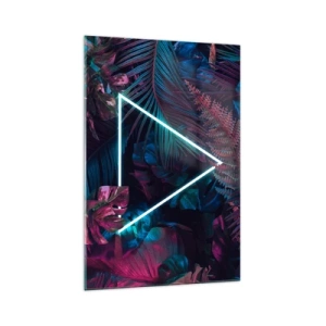Quadro su vetro - Un triangolo al neon circondato da foglie tropicali dai colori scuri. - 70x100cm - Giardino in stile discoteca - Decorazione murale moderna per soggiorno e camera da letto ARTTOR