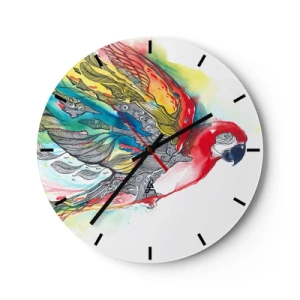 Orologio da parete - Orologio in Vetro - Un pappagallo dai colori intensi con motivi decorativi sulle ali - 30x30cm - Vivi a colori - Decorazione murale moderna per soggiorno, cucina e camera da letto ARTTOR