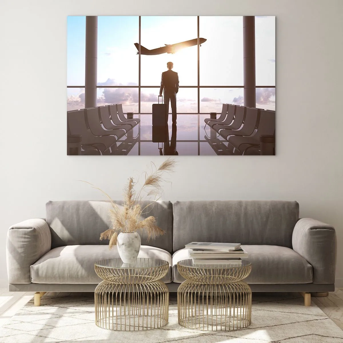 Quadro su vetro - Un uomo con una valigia all'aeroporto osserva un aereo decollare. - 120x80cm - Hai tempo, rallenta - Decorazione murale moderna per soggiorno e camera da letto ARTTOR