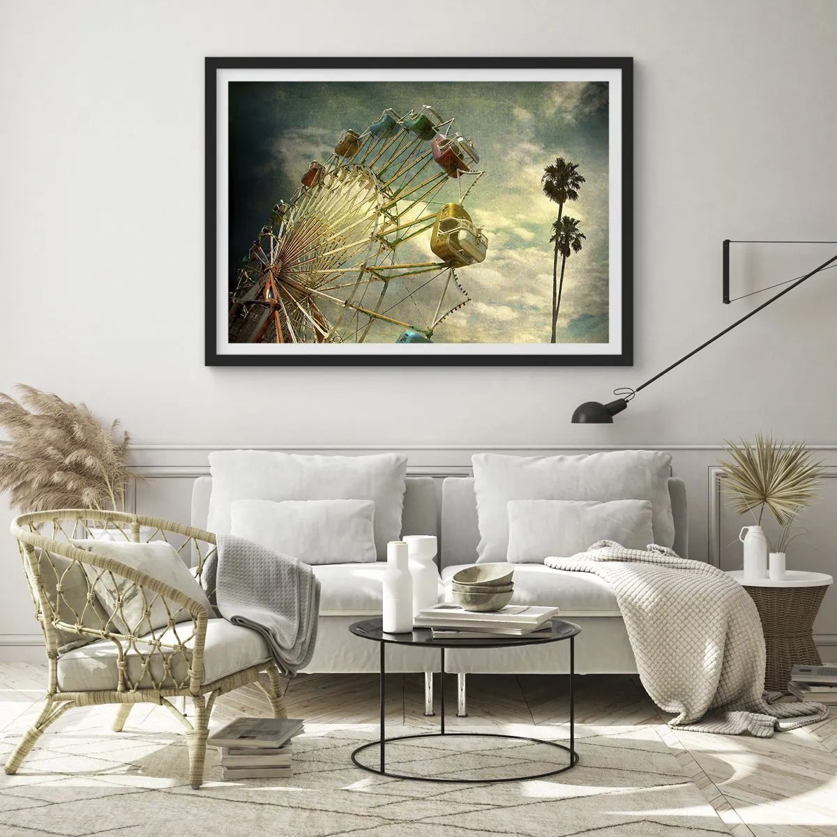 Poster in cornice nera - Foto retrò di una ruota panoramica con palme contro il cielo - 100x70cm - Il divertimento comincia... - Decorazione murale moderna per soggiorno e camera da letto ARTTOR
