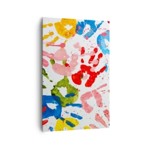 Quadro su tela - Stampe su Tela - Impronte di mani colorate su sfondo bianco - 80x120cm - Segui le tracce - Decorazione murale moderna per soggiorno e camera da letto ARTTOR
