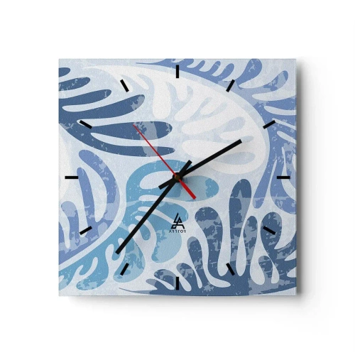 Orologio da parete - Orologio in Vetro - Forme astratte nelle tonalità del blu su sfondo bianco - 30x30cm - Felci blu - Decorazione murale moderna per soggiorno e camera da letto ARTTOR