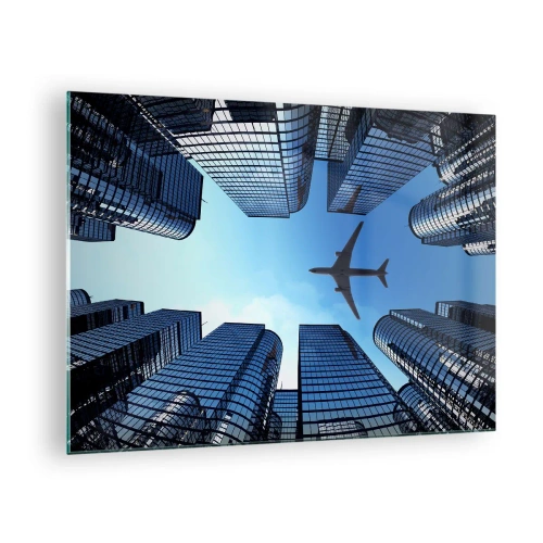 Quadro su vetro - Vista dell'aereo tra i grattacieli - 70x50cm - Panorama dal canyon di vetro - Decorazione murale moderna per soggiorno e camera da letto ARTTOR