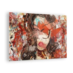 Quadro su vetro - Ritratto astratto di una donna nei toni del rosso e del beige - 70x50cm - Nessuno sa come sei veramente - Decorazione murale moderna per soggiorno e camera da letto ARTTOR