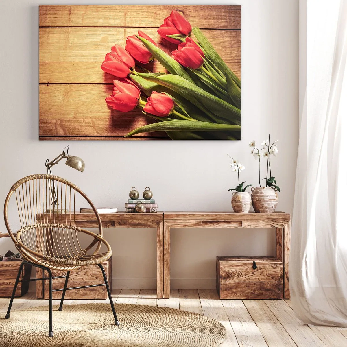 Quadro su tela - Stampe su Tela - Un mazzo di tulipani rosa su uno sfondo di legno - 120x80cm - Confessione primaverile - Decorazione murale moderna per soggiorno e camera da letto ARTTOR