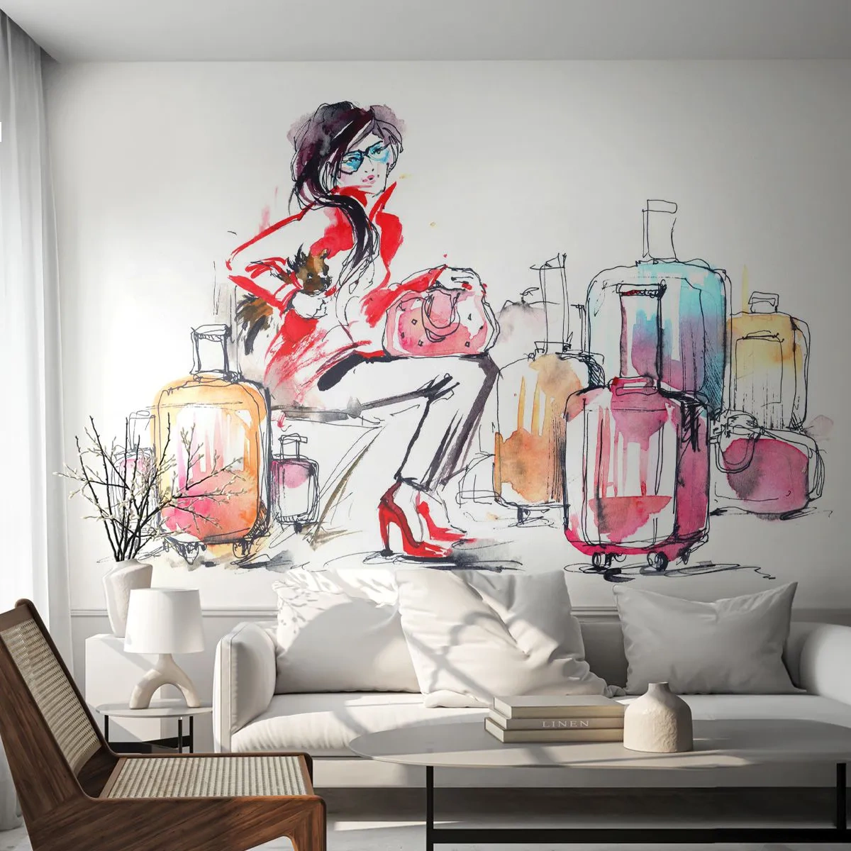 Fotomurali Autoadesivo Deluxe Sticker - Sediamoci prima del viaggio - Donna, Viaggio, Valigia - 250x175 cm